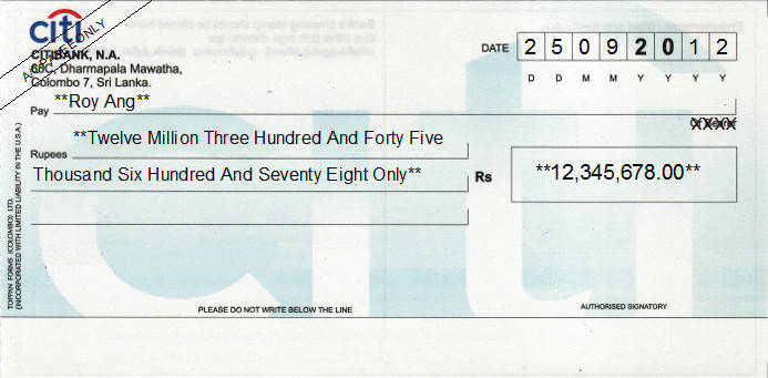 Printed Cheque of Citibank in Sri Lanka Printed Cheque of Citibank in Sri Lanka