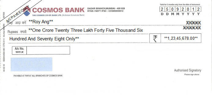 Printed Cheque of Cosmos Bank in India Printed Cheque of Cosmos Bank in India