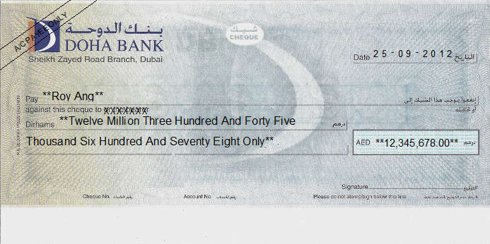 Printed Cheque of Doha Bank UAE Printed Cheque of Doha Bank UAE