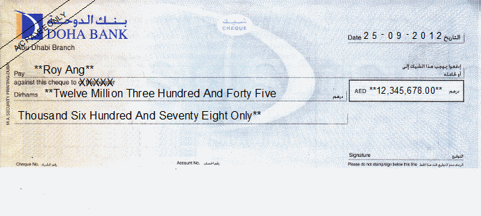 Printed Cheque of Doha Bank (Personal) UAE Printed Cheque of Doha Bank (Personal) UAE