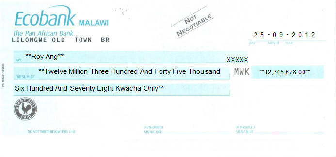 Printed Cheque of Ecobank in Malawi Printed Cheque of Ecobank in Malawi