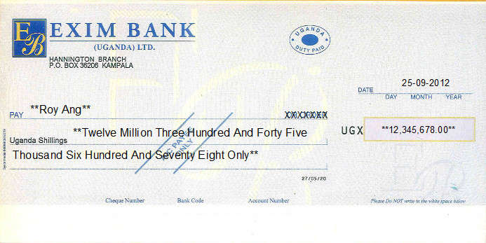 Printed Cheque of Exim Bank (UGX) in Uganda Printed Cheque of Exim Bank (UGX) in Uganda
