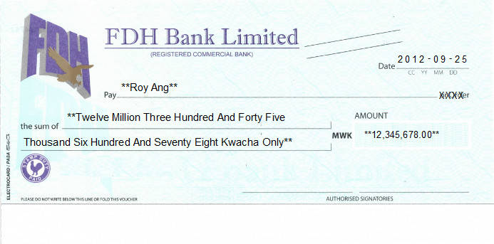 Printed Cheque of FDH Bank in Malawi Printed Cheque of FDH Bank in Malawi