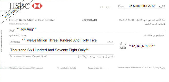 Printed Cheque of HSBC Bank UAE Printed Cheque of HSBC Bank UAE