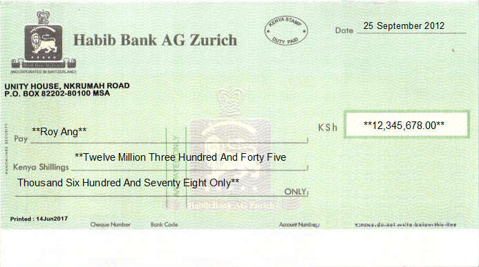 Printed Cheque of Habib Bank AG Zurich in Kenya Printed Cheque of Habib Bank AG Zurich in Kenya
