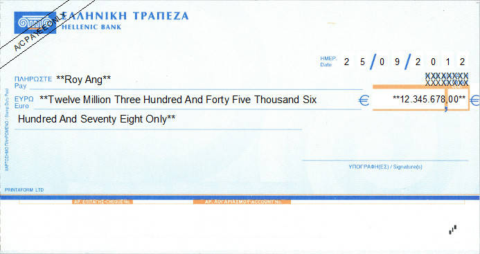 Printed Cheque of Hellenic Bank in Cyprus Printed Cheque of Hellenic Bank in Cyprus
