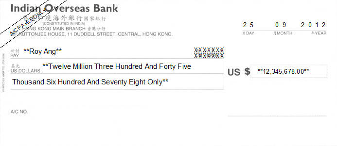 Printed Cheque of Indian Overseas Bank (USD) - 印度海外銀行 in Hong Kong Printed Cheque of Indian Overseas Bank (USD) - 印度海外銀行 in Hong Kong