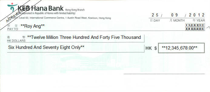 Printed Cheque of KEB Hana Bank in Hong Kong Printed Cheque of KEB Hana Bank in Hong Kong