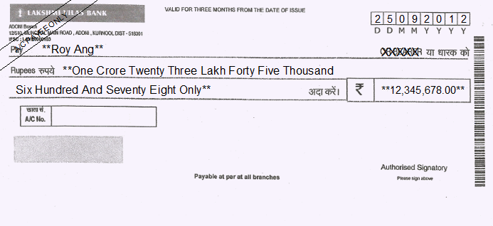 Printed Cheque of Lakshmi Vilas Bank India Printed Cheque of Lakshmi Vilas Bank India
