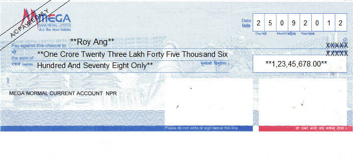 Printed Cheque of Mega Bank in Nepal