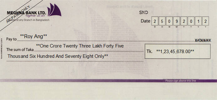 Printed Cheque of Meghna Bank in Bangladesh Printed Cheque of Meghna Bank in Bangladesh