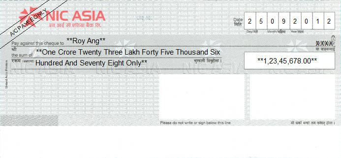 Printed Cheque of NIC ASIA Bank in Nepal