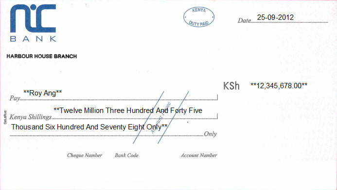 Printed Cheque of NIC Bank in Kenya Printed Cheque of NIC Bank in Kenya