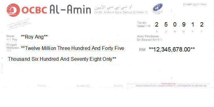 Printed Cheque of OCBC Al-Amin in Malaysia Printed Cheque of OCBC Al-Amin in Malaysia