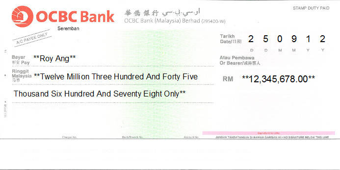 Printed Cheque of OCBC Bank in Malaysia Printed Cheque of OCBC Bank in Malaysia