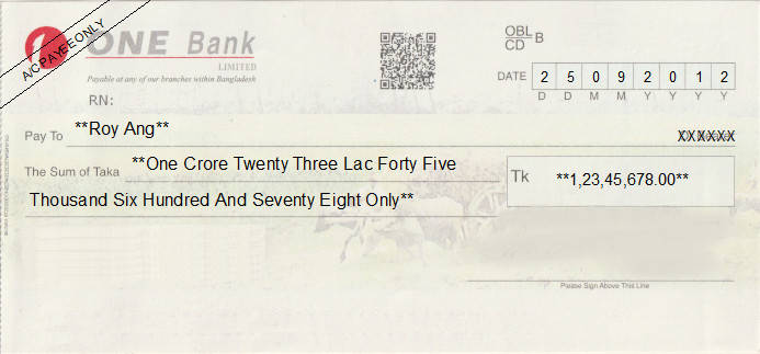 Printed Cheque of ONE Bank in Bangladesh Printed Cheque of ONE Bank in Bangladesh