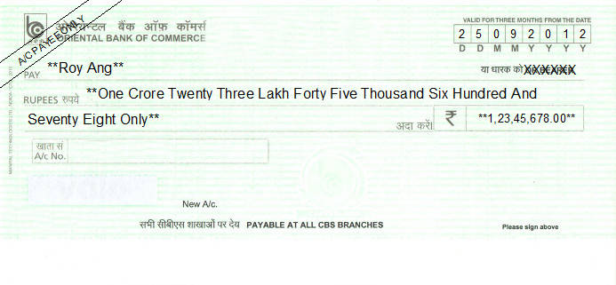 Printed Cheque of Oriental Bank of Commerce India Printed Cheque of Oriental Bank of Commerce India