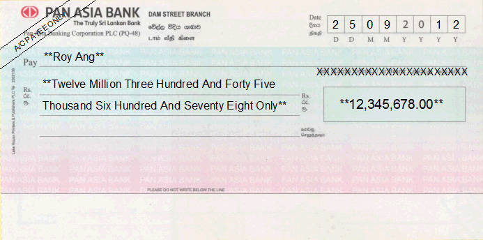 Printed Cheque of Pan Asia Bank in Sri Lanka Printed Cheque of Pan Asia Bank in Sri Lanka