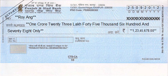 Printed Cheque of Punjab & Sind Bank India Printed Cheque of Punjab & Sind Bank India