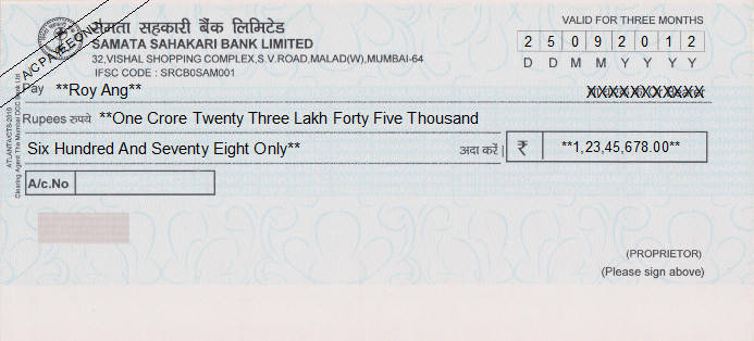 Printed Cheque of Samata Sahakari Bank Limited in India Printed Cheque of Samata Sahakari Bank Limited in India