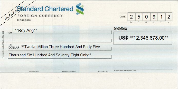 Printed Cheque of Standard Chartered Bank (Foreign Currency) Singapore Printed Cheque of Standard Chartered Bank (Foreign Currency) Singapore