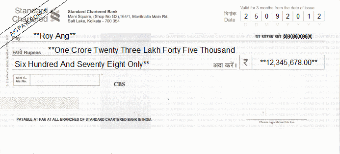 Printed Cheque of Standard Chartered Bank India Printed Cheque of Standard Chartered Bank India