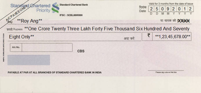 Printed Cheque of Standard Chartered Bank (Priority) in India Printed Cheque of Standard Chartered Bank (Priority) in India
