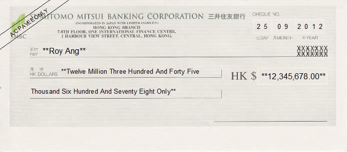 Printed Cheque of Sumitomo Mitsui Banking Corporation Hong Kong (三井住友銀行) Printed Cheque of Sumitomo Mitsui Banking Corporation Hong Kong (三井住友銀行)
