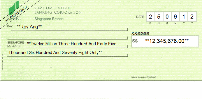 Printed Cheque of Sumitomo Mitsui Banking Corporation Singapore Printed Cheque of Sumitomo Mitsui Banking Corporation Singapore