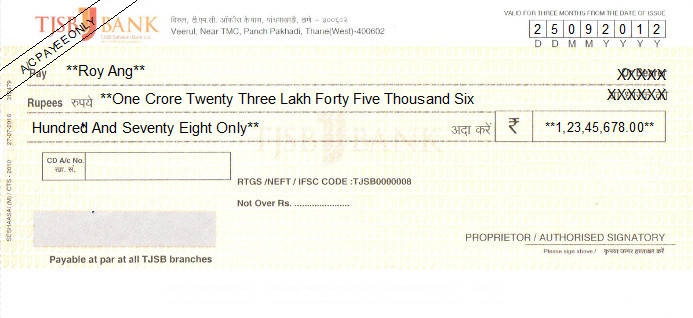 Printed Cheque of TJSB Sahakari Bank in India Printed Cheque of TJSB Sahakari Bank in India