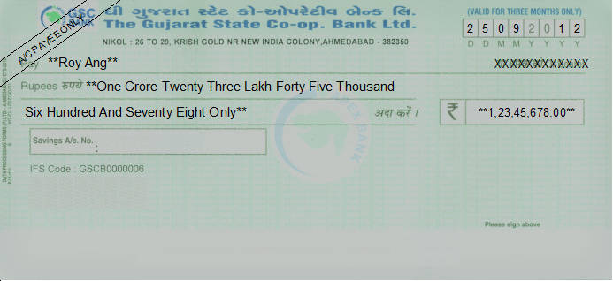 Printed Cheque of The Gujarat State Co-op Bank in India Printed Cheque of The Gujarat State Co-op Bank in India