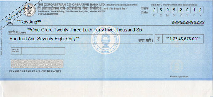 Printed Cheque of The Zoroastrian Co-operative Bank in India Printed Cheque of The Zoroastrian Co-operative Bank in India