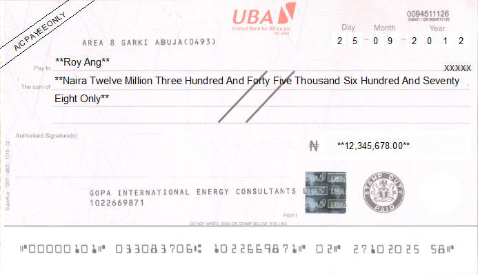 Printed Cheque of UBA - United Bank for Africa in Nigeria