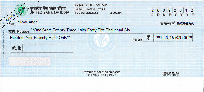 Printed Cheque of United Bank of India Printed Cheque of United Bank of India