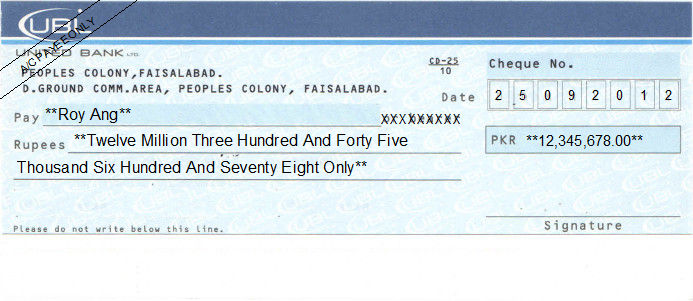 Printed Cheque of UBL (United Bank) Pakistan Printed Cheque of UBL (United Bank) Pakistan