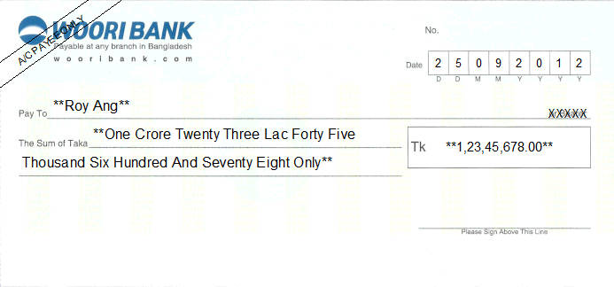 Printed Cheque of Woori Bank in Bangladesh Printed Cheque of Woori Bank in Bangladesh